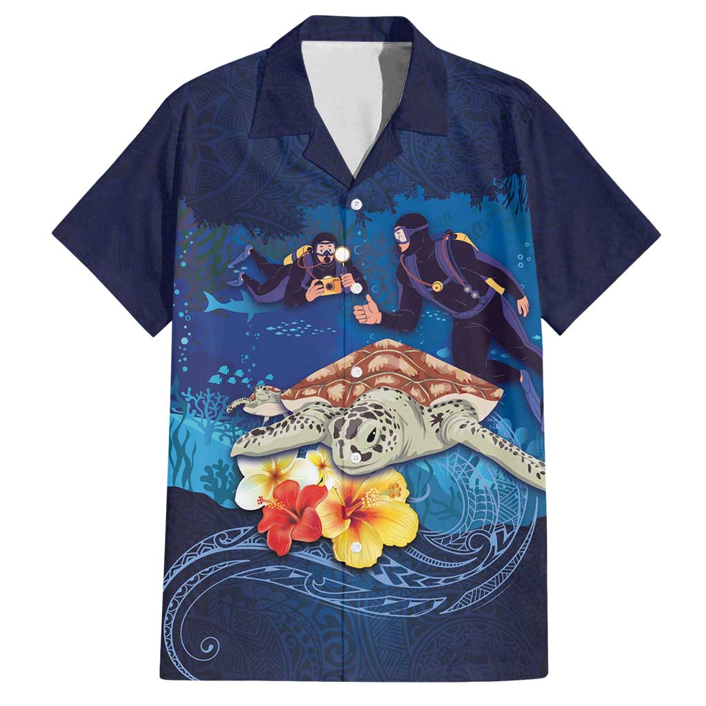Polynesian Scuba Diving Family Matching Long Sleeve Bodycon Dress and Hawaiian Shirt Honu with Hibiscus and Plumeria Flower and Tapa Tribal Pattern LT03 Dad's Shirt - Short Sleeve Blue - Polynesian Pride