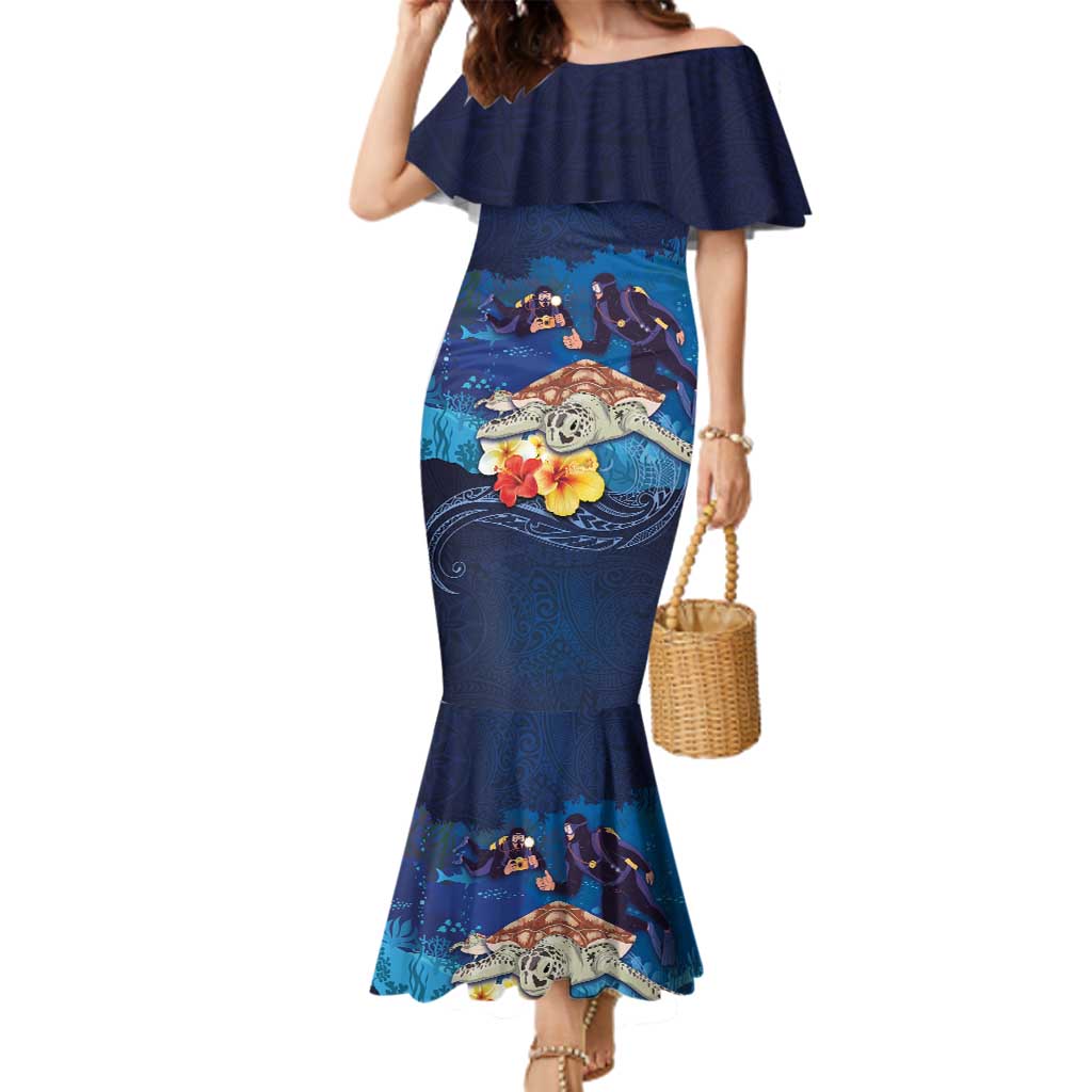 Polynesian Scuba Diving Family Matching Mermaid Dress and Hawaiian Shirt Honu with Hibiscus and Plumeria Flower and Tapa Tribal Pattern LT03 Mom's Dress Blue - Polynesian Pride