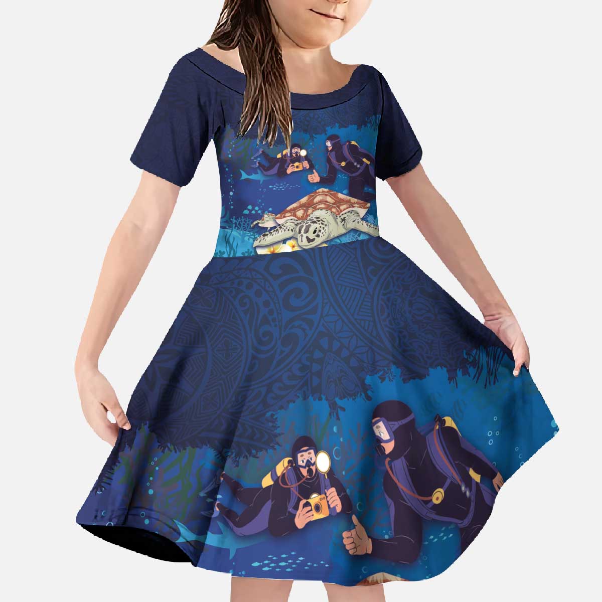 Polynesian Scuba Diving Family Matching Off The Shoulder Long Sleeve Dress and Hawaiian Shirt Honu with Hibiscus and Plumeria Flower and Tapa Tribal Pattern LT03 Daughter's Dress Blue - Polynesian Pride