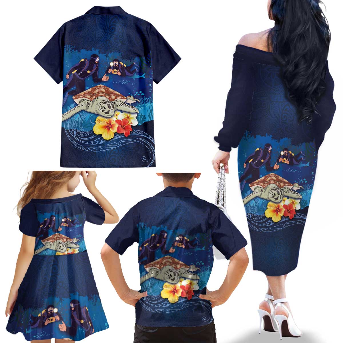 Polynesian Scuba Diving Family Matching Off The Shoulder Long Sleeve Dress and Hawaiian Shirt Honu with Hibiscus and Plumeria Flower and Tapa Tribal Pattern LT03 - Polynesian Pride
