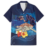 Polynesian Scuba Diving Family Matching Off The Shoulder Long Sleeve Dress and Hawaiian Shirt Honu with Hibiscus and Plumeria Flower and Tapa Tribal Pattern LT03 Dad's Shirt - Short Sleeve Blue - Polynesian Pride