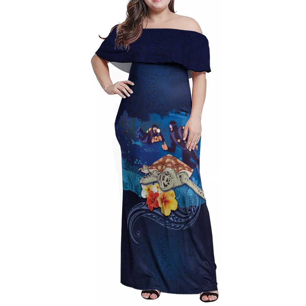 Polynesian Scuba Diving Family Matching Off Shoulder Maxi Dress and Hawaiian Shirt Honu with Hibiscus and Plumeria Flower and Tapa Tribal Pattern LT03 Mom's Dress Blue - Polynesian Pride