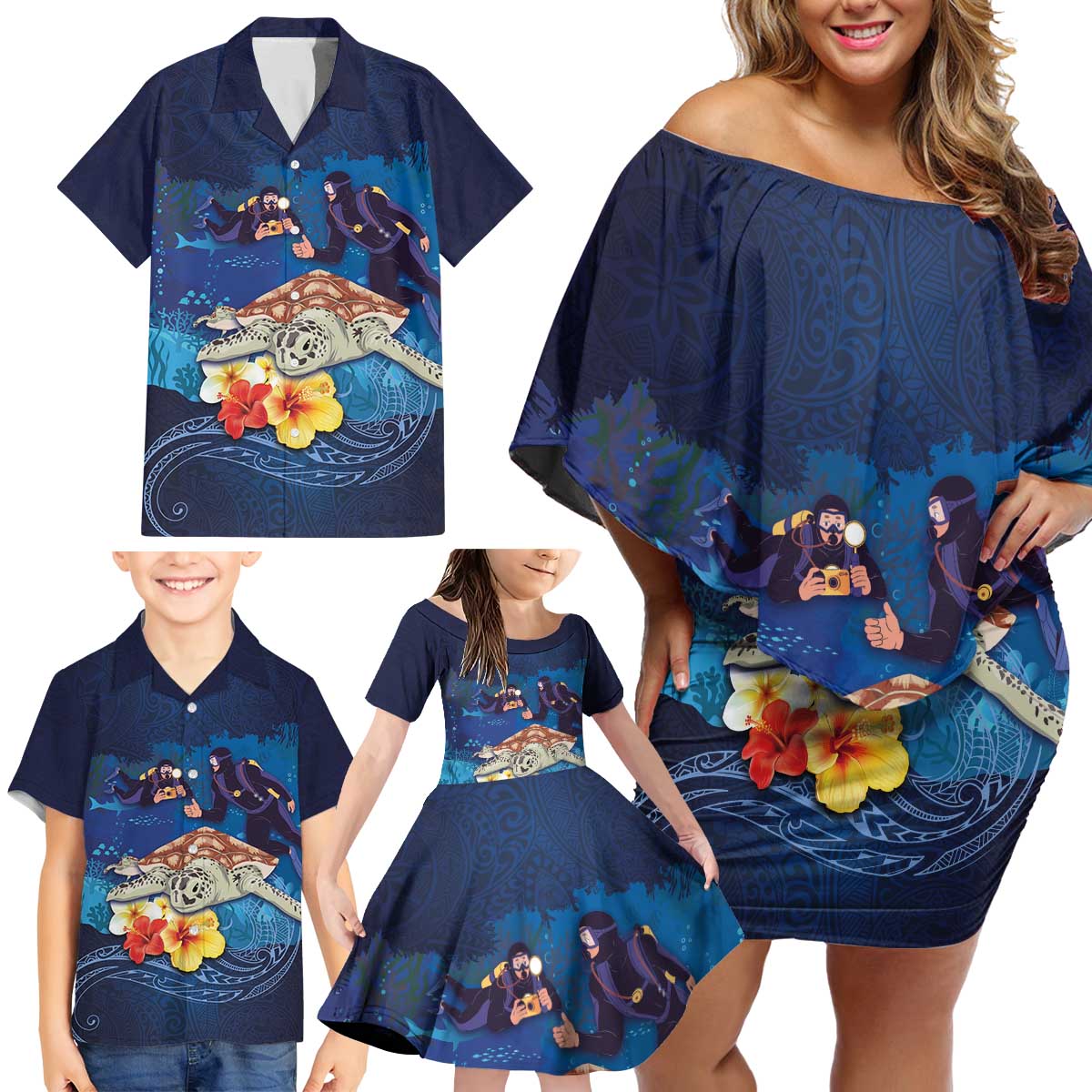 Polynesian Scuba Diving Family Matching Off Shoulder Short Dress and Hawaiian Shirt Honu with Hibiscus and Plumeria Flower and Tapa Tribal Pattern LT03 - Polynesian Pride