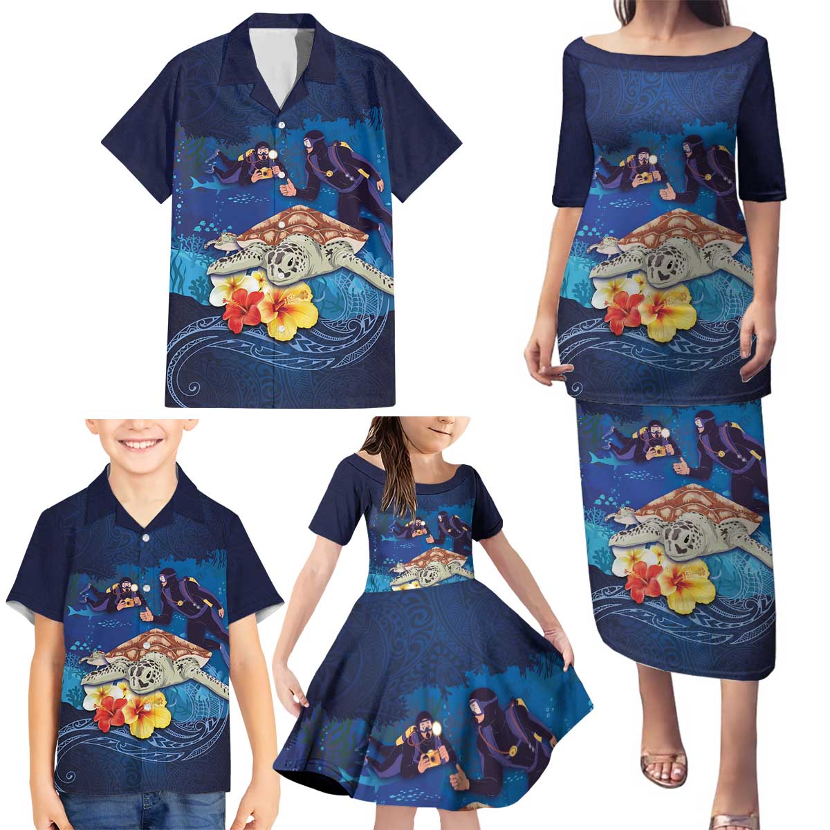 Polynesian Scuba Diving Family Matching Puletasi and Hawaiian Shirt Honu with Hibiscus and Plumeria Flower and Tapa Tribal Pattern