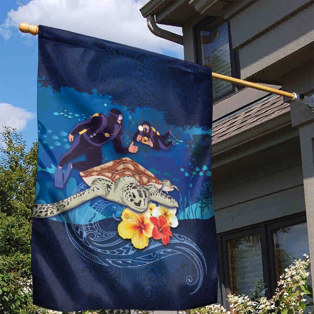 Polynesian Scuba Diving Garden Flag Honu with Hibiscus and Plumeria Flower and Tapa Tribal Pattern LT03 - Polynesian Pride