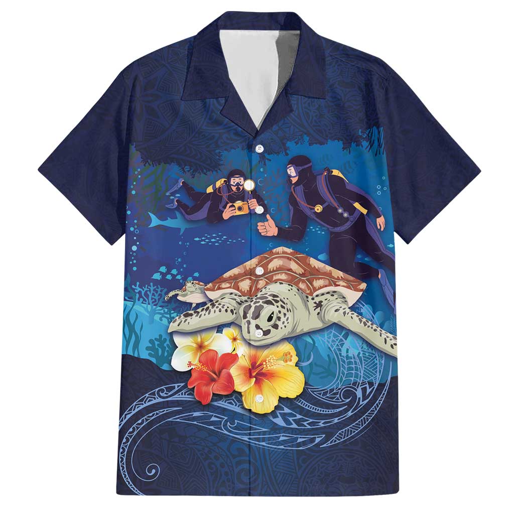 Polynesian Scuba Diving Hawaiian Shirt Honu with Hibiscus and Plumeria Flower and Tapa Tribal Pattern LT03 Blue - Polynesian Pride