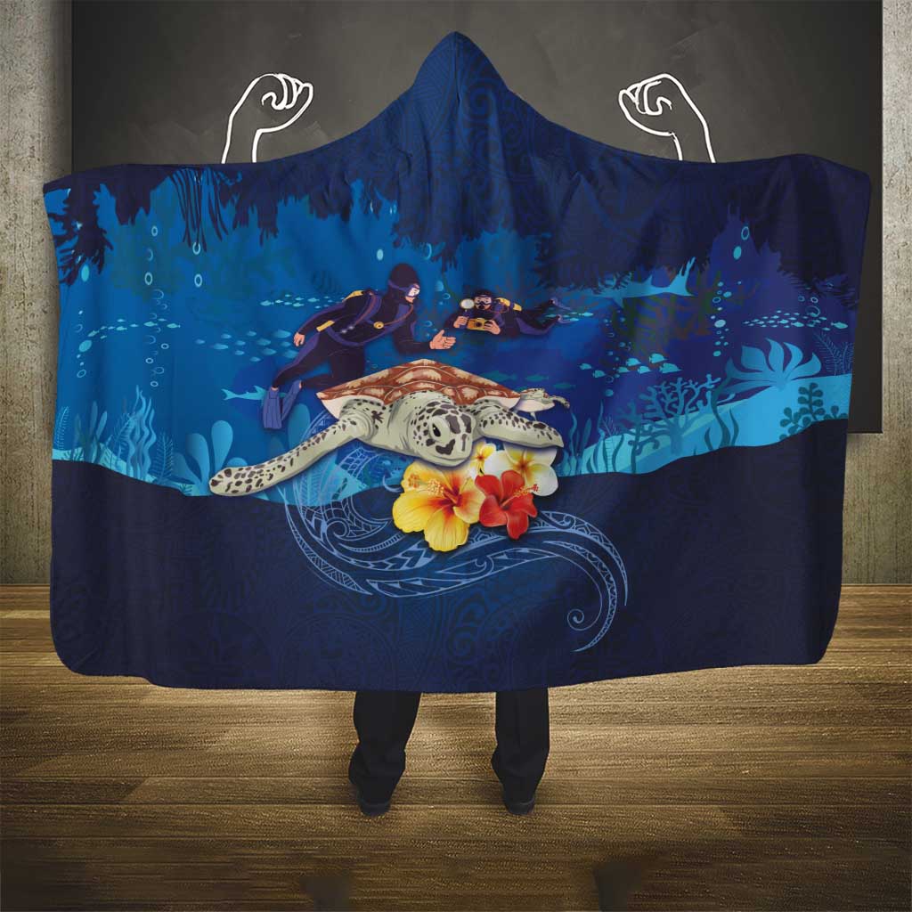 Polynesian Scuba Diving Hooded Blanket Honu with Hibiscus and Plumeria Flower and Tapa Tribal Pattern LT03 - Polynesian Pride