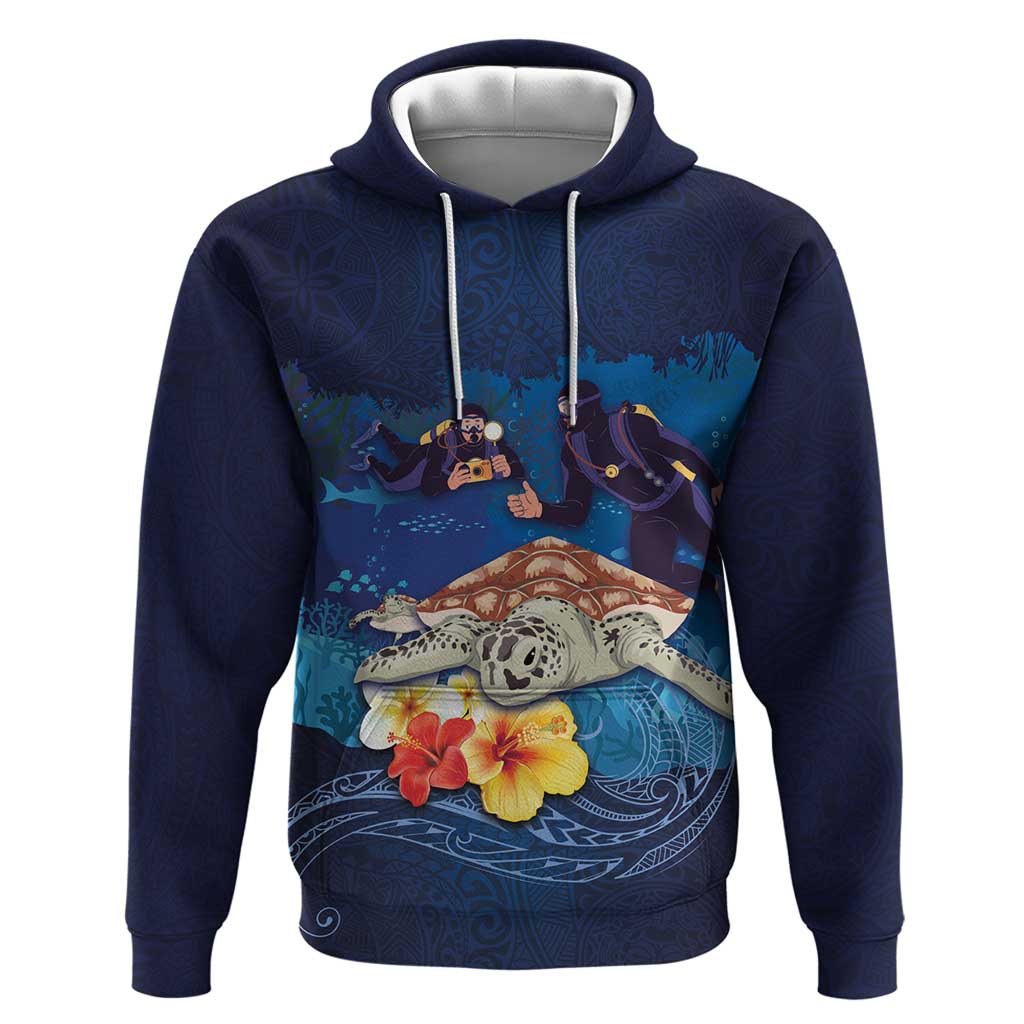 Polynesian Scuba Diving Hoodie Honu with Hibiscus and Plumeria Flower and Tapa Tribal Pattern LT03 Pullover Hoodie Blue - Polynesian Pride