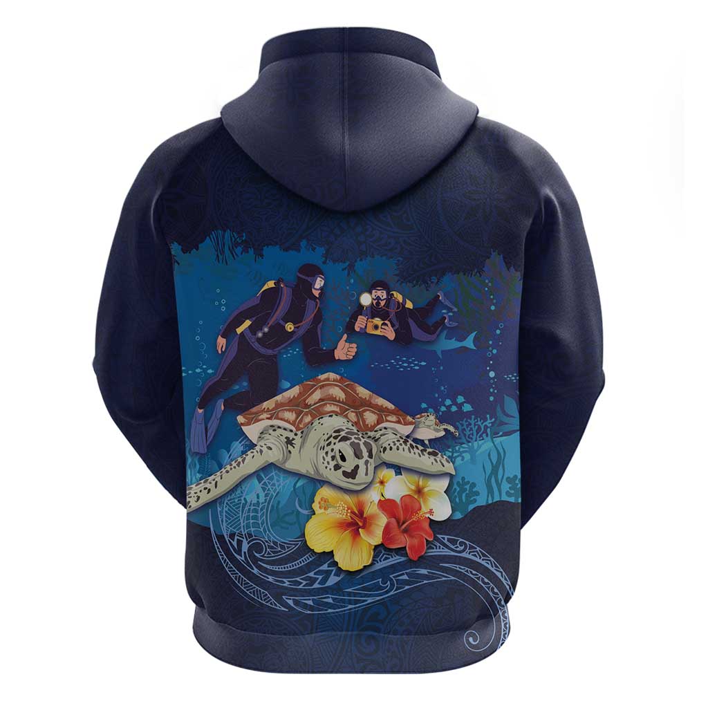 Polynesian Scuba Diving Hoodie Honu with Hibiscus and Plumeria Flower and Tapa Tribal Pattern LT03 - Polynesian Pride