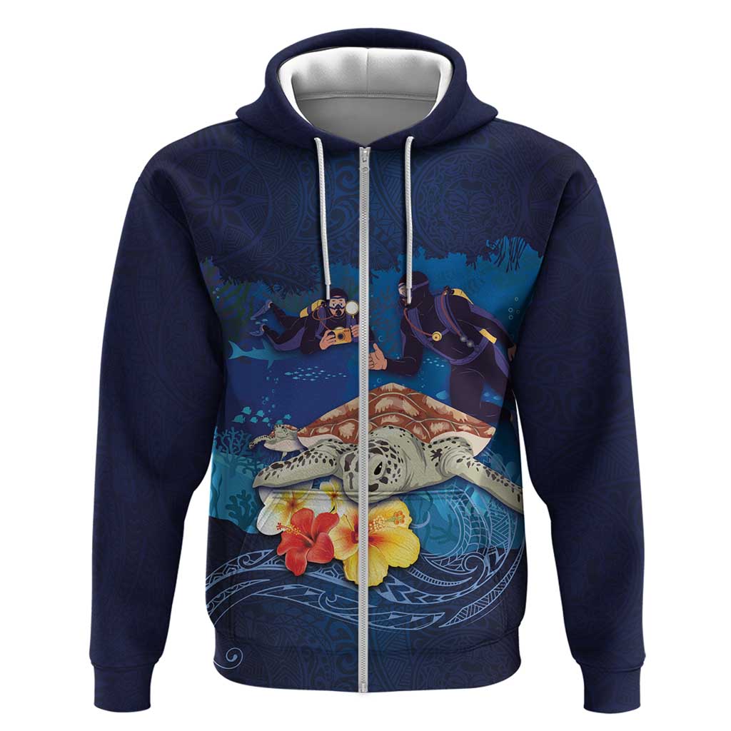 Polynesian Scuba Diving Hoodie Honu with Hibiscus and Plumeria Flower and Tapa Tribal Pattern LT03 Zip Hoodie Blue - Polynesian Pride