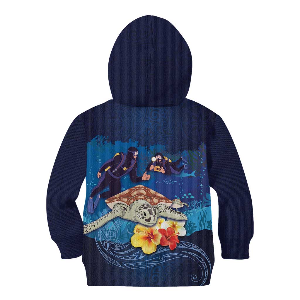 Polynesian Scuba Diving Kid Hoodie Honu with Hibiscus and Plumeria Flower and Tapa Tribal Pattern LT03 - Polynesian Pride