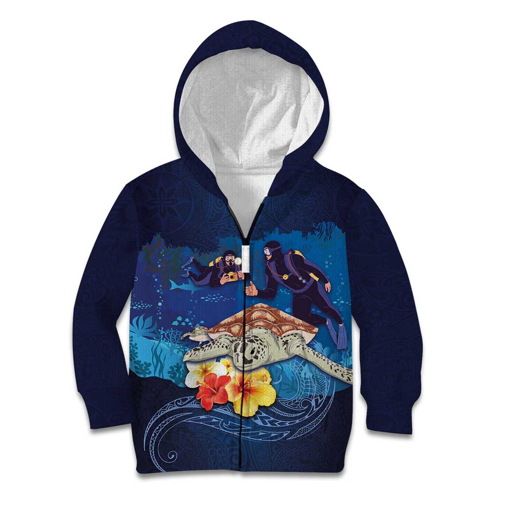 Polynesian Scuba Diving Kid Hoodie Honu with Hibiscus and Plumeria Flower and Tapa Tribal Pattern LT03 Zip Hoodie Blue - Polynesian Pride