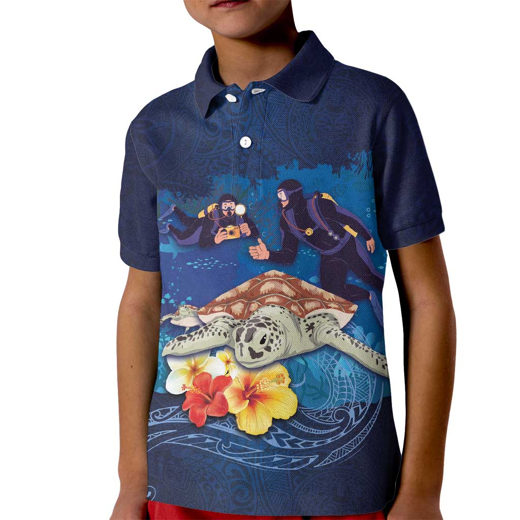 Polynesian Scuba Diving Kid Polo Shirt Honu with Hibiscus and Plumeria Flower and Tapa Tribal Pattern LT03 Kid Blue - Polynesian Pride