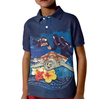 Polynesian Scuba Diving Kid Polo Shirt Honu with Hibiscus and Plumeria Flower and Tapa Tribal Pattern LT03 Kid Blue - Polynesian Pride