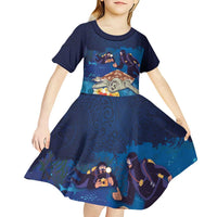 Polynesian Scuba Diving Kid Short Sleeve Dress Honu with Hibiscus and Plumeria Flower and Tapa Tribal Pattern LT03 - Polynesian Pride