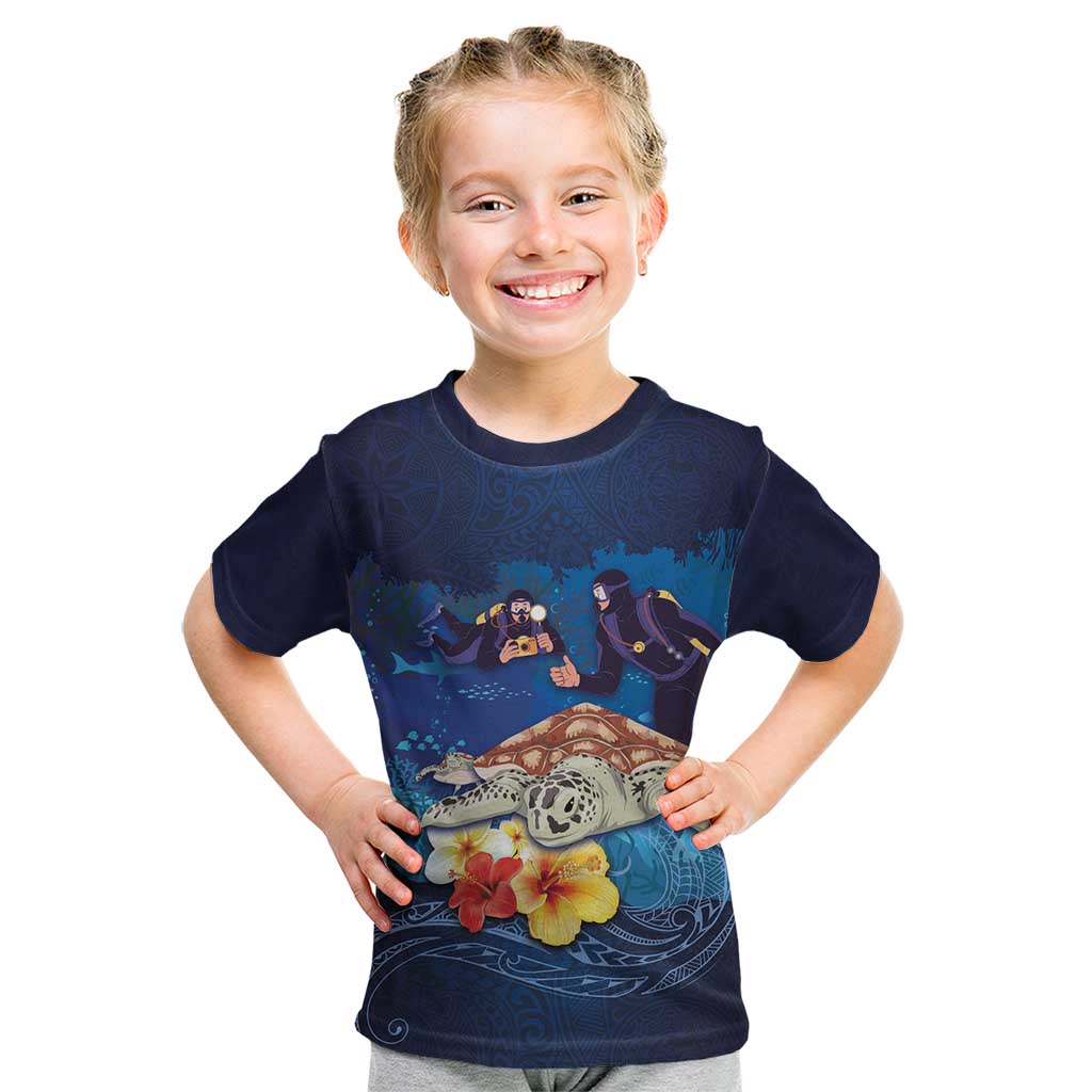 Polynesian Scuba Diving Kid T Shirt Honu with Hibiscus and Plumeria Flower and Tapa Tribal Pattern LT03 Blue - Polynesian Pride