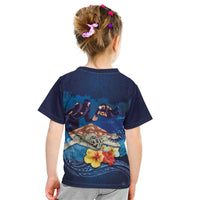 Polynesian Scuba Diving Kid T Shirt Honu with Hibiscus and Plumeria Flower and Tapa Tribal Pattern LT03 - Polynesian Pride