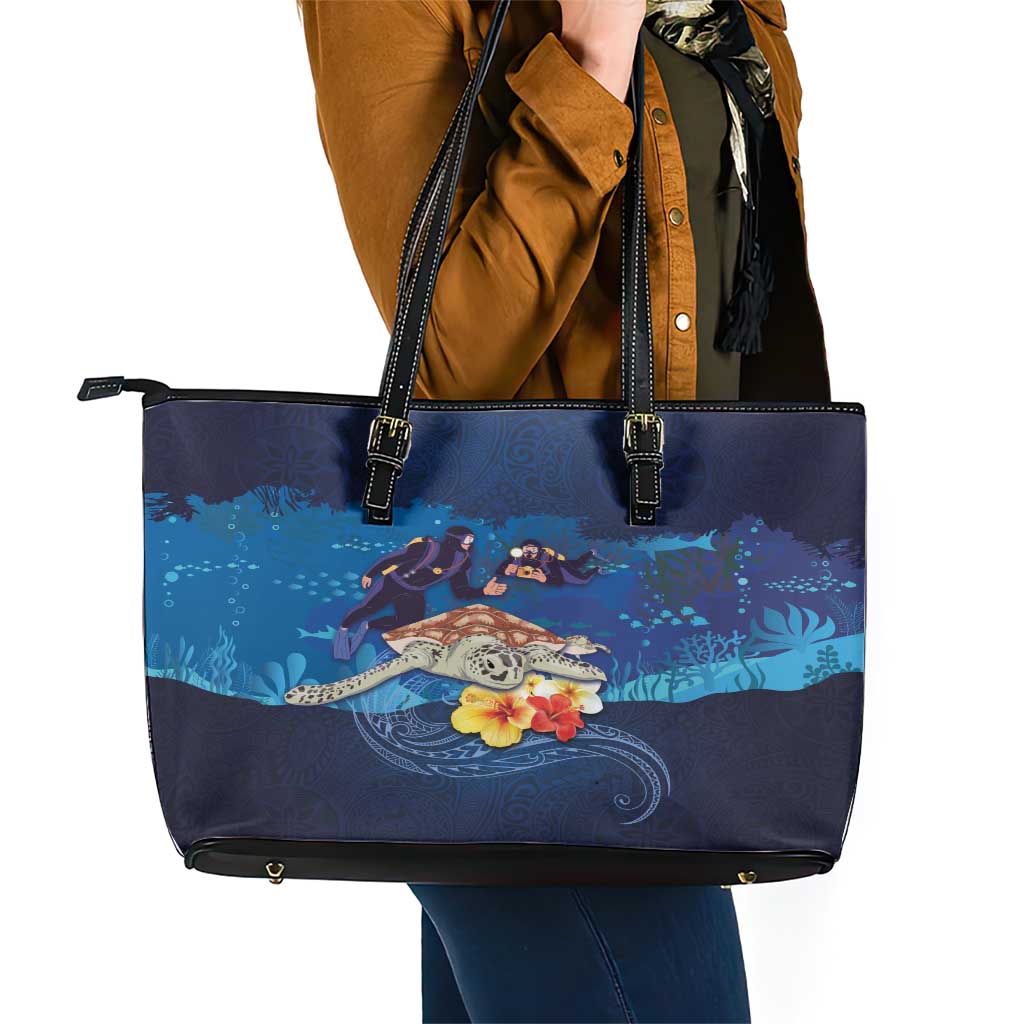 Polynesian Scuba Diving Leather Tote Bag Honu with Hibiscus and Plumeria Flower and Tapa Tribal Pattern LT03 - Polynesian Pride