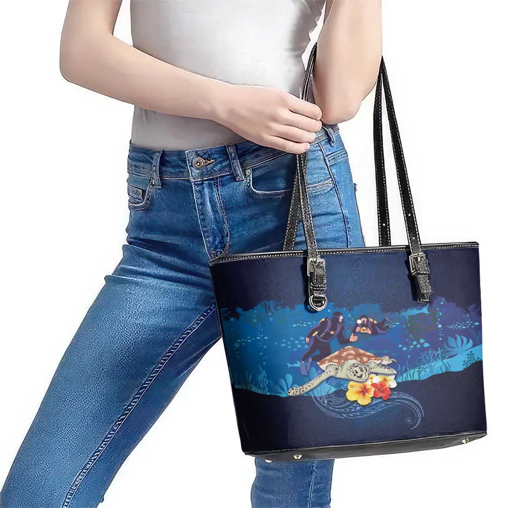 Polynesian Scuba Diving Leather Tote Bag Honu with Hibiscus and Plumeria Flower and Tapa Tribal Pattern LT03 - Polynesian Pride