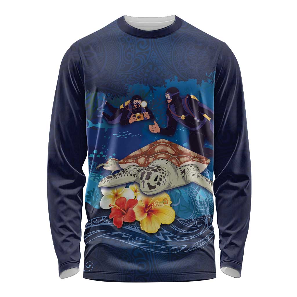 Polynesian Scuba Diving Long Sleeve Shirt Honu with Hibiscus and Plumeria Flower and Tapa Tribal Pattern LT03 Unisex Blue - Polynesian Pride