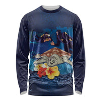 Polynesian Scuba Diving Long Sleeve Shirt Honu with Hibiscus and Plumeria Flower and Tapa Tribal Pattern LT03 Unisex Blue - Polynesian Pride
