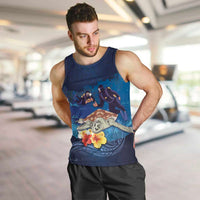 Polynesian Scuba Diving Men Tank Top Honu with Hibiscus and Plumeria Flower and Tapa Tribal Pattern LT03 Blue - Polynesian Pride