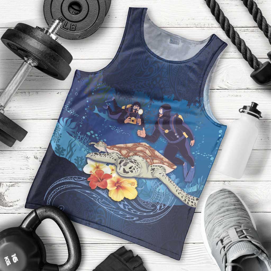 Polynesian Scuba Diving Men Tank Top Honu with Hibiscus and Plumeria Flower and Tapa Tribal Pattern LT03 - Polynesian Pride