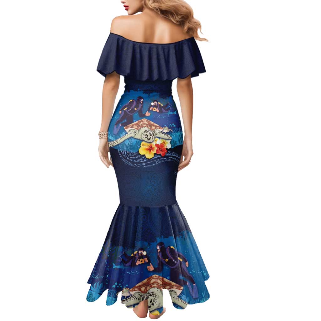 Polynesian Scuba Diving Mermaid Dress Honu with Hibiscus and Plumeria Flower and Tapa Tribal Pattern LT03 - Polynesian Pride