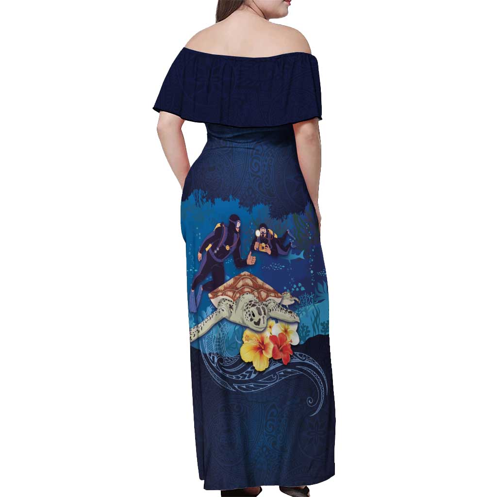 Polynesian Scuba Diving Off Shoulder Maxi Dress Honu with Hibiscus and Plumeria Flower and Tapa Tribal Pattern LT03 - Polynesian Pride