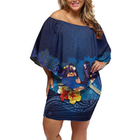 Polynesian Scuba Diving Off Shoulder Short Dress Honu with Hibiscus and Plumeria Flower and Tapa Tribal Pattern LT03 Women Blue - Polynesian Pride