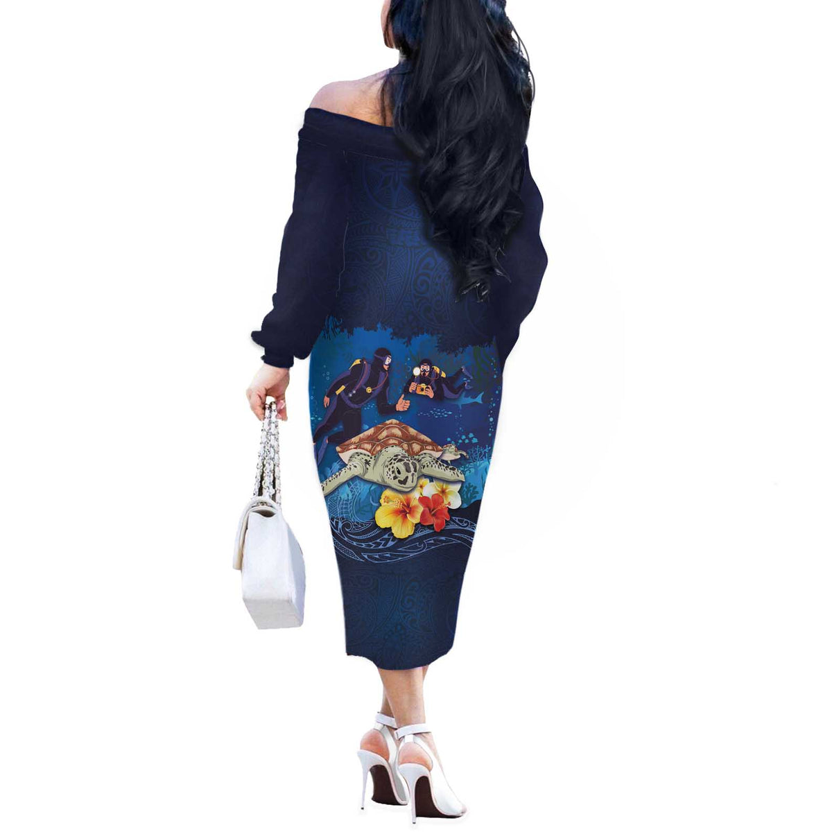 Polynesian Scuba Diving Off The Shoulder Long Sleeve Dress Honu with Hibiscus and Plumeria Flower and Tapa Tribal Pattern LT03 - Polynesian Pride