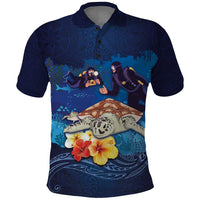 Polynesian Scuba Diving Polo Shirt Honu with Hibiscus and Plumeria Flower and Tapa Tribal Pattern LT03 Blue - Polynesian Pride