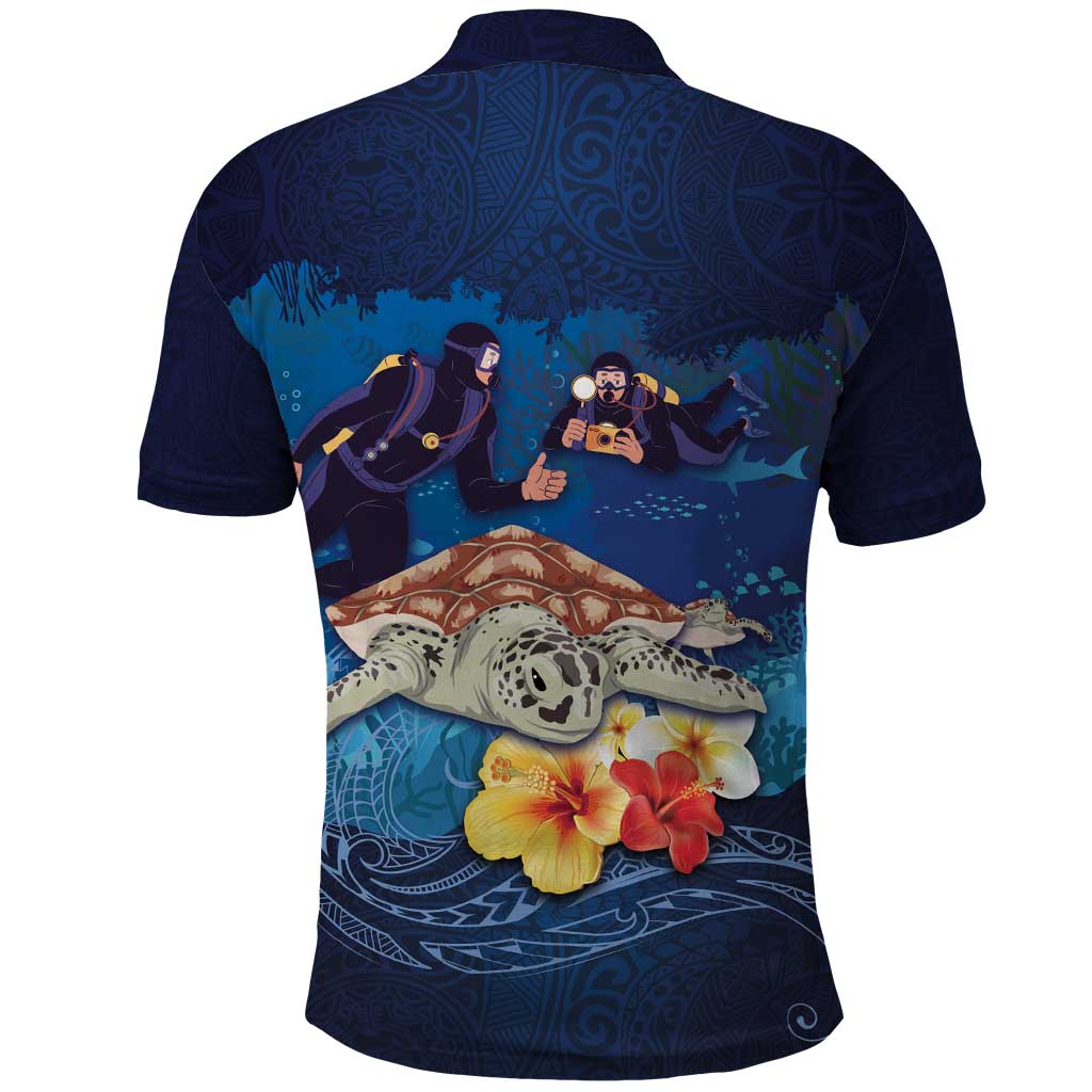 Polynesian Scuba Diving Polo Shirt Honu with Hibiscus and Plumeria Flower and Tapa Tribal Pattern LT03 - Polynesian Pride