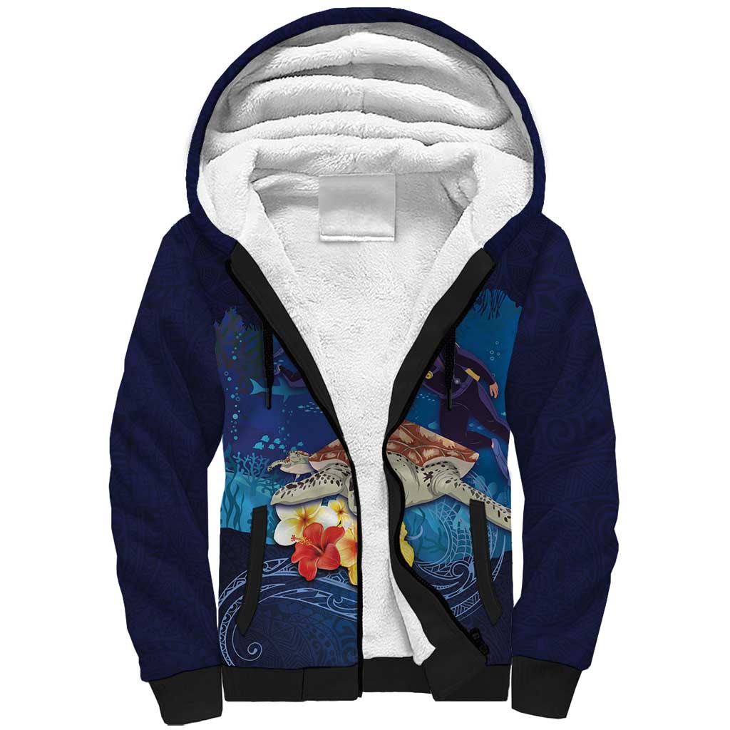 Polynesian Scuba Diving Sherpa Hoodie Honu with Hibiscus and Plumeria Flower and Tapa Tribal Pattern LT03 Unisex Blue - Polynesian Pride