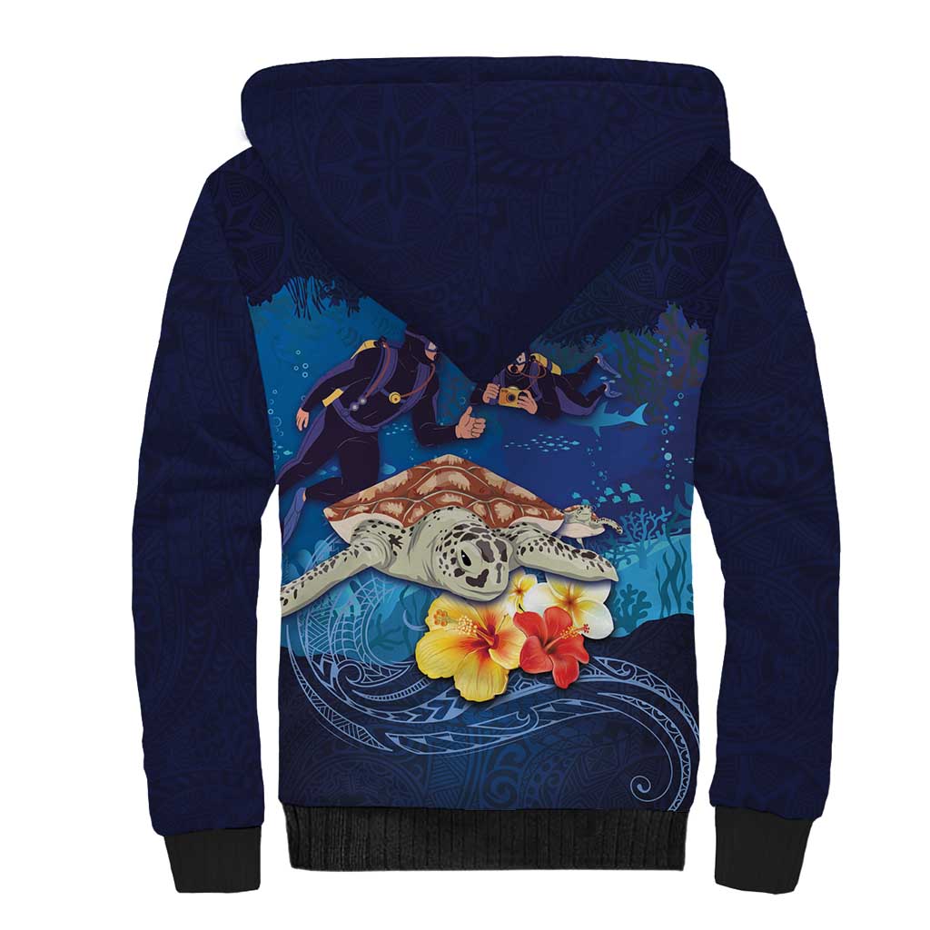 Polynesian Scuba Diving Sherpa Hoodie Honu with Hibiscus and Plumeria Flower and Tapa Tribal Pattern LT03 - Polynesian Pride