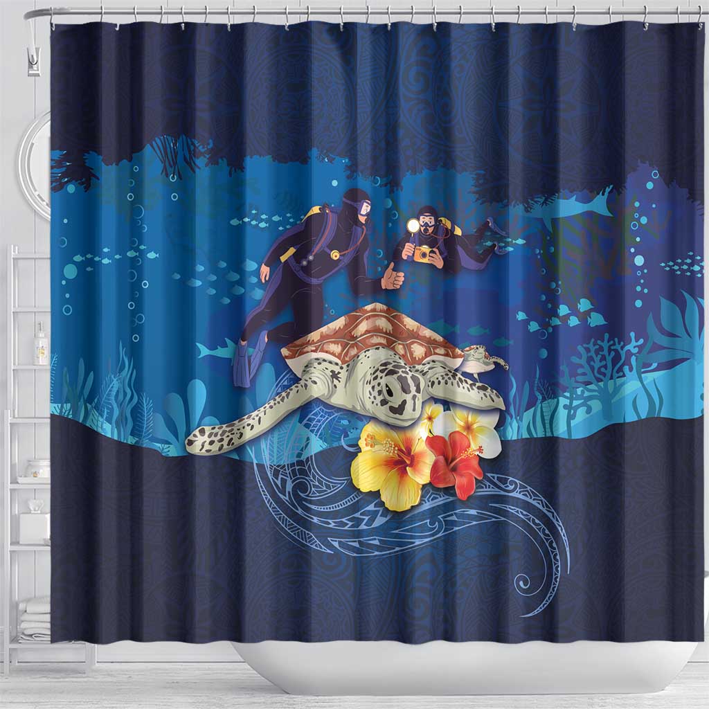 Polynesian Scuba Diving Shower Curtain Honu with Hibiscus and Plumeria Flower and Tapa Tribal Pattern LT03 - Polynesian Pride