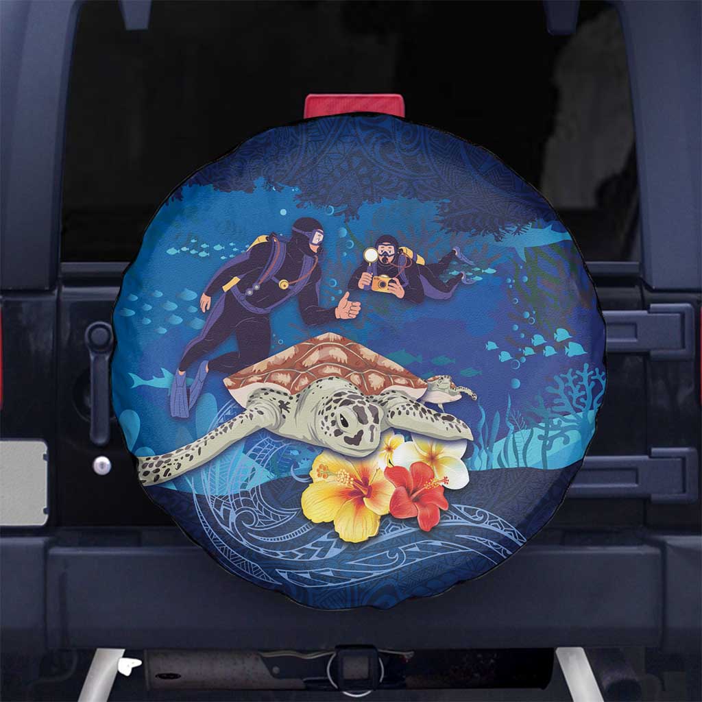 Polynesian Scuba Diving Spare Tire Cover Honu with Hibiscus and Plumeria Flower and Tapa Tribal Pattern LT03 - Polynesian Pride
