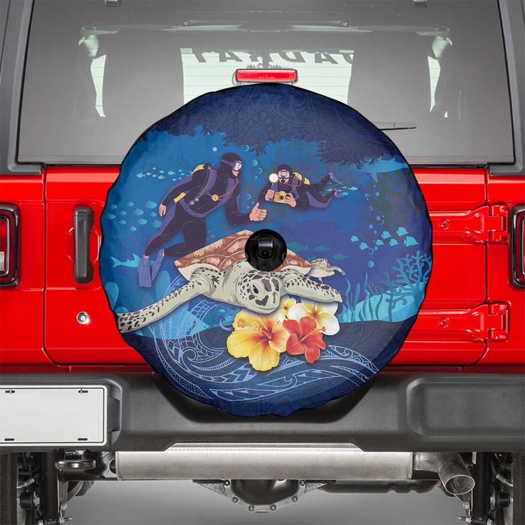 Polynesian Scuba Diving Spare Tire Cover Honu with Hibiscus and Plumeria Flower and Tapa Tribal Pattern LT03 - Polynesian Pride