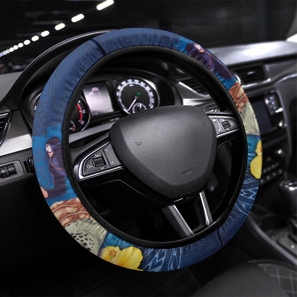 Polynesian Scuba Diving Steering Wheel Cover Honu with Hibiscus and Plumeria Flower and Tapa Tribal Pattern LT03 Universal Fit Blue - Polynesian Pride