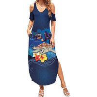 Polynesian Scuba Diving Summer Maxi Dress Honu with Hibiscus and Plumeria Flower and Tapa Tribal Pattern LT03 Women Blue - Polynesian Pride