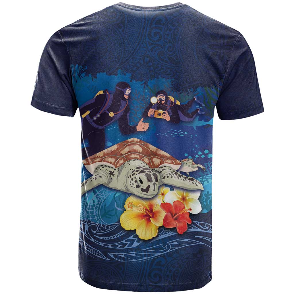 Polynesian Scuba Diving T Shirt Honu with Hibiscus and Plumeria Flower and Tapa Tribal Pattern LT03 - Polynesian Pride