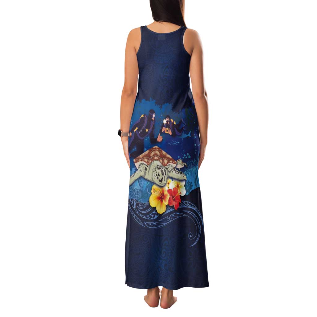 Polynesian Scuba Diving Tank Maxi Dress Honu with Hibiscus and Plumeria Flower and Tapa Tribal Pattern LT03 - Polynesian Pride