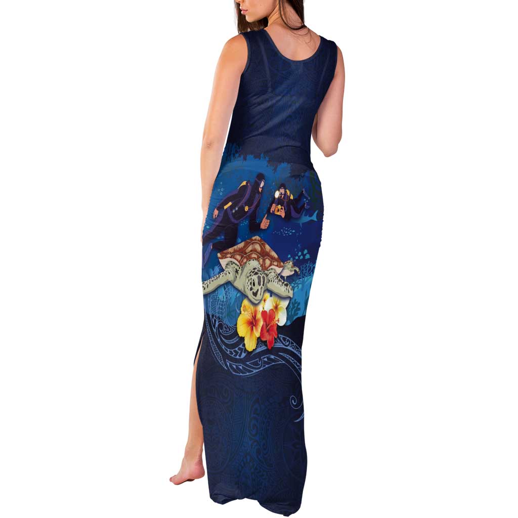 Polynesian Scuba Diving Tank Maxi Dress Honu with Hibiscus and Plumeria Flower and Tapa Tribal Pattern LT03 - Polynesian Pride
