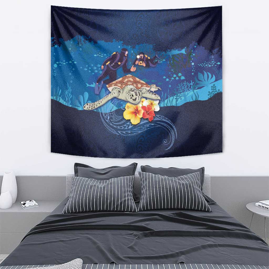 Polynesian Scuba Diving Tapestry Honu with Hibiscus and Plumeria Flower and Tapa Tribal Pattern