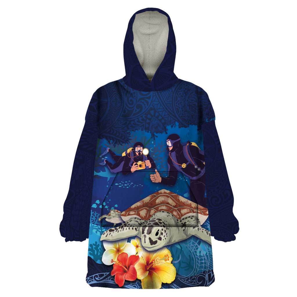 Polynesian Scuba Diving Wearable Blanket Hoodie Honu with Hibiscus and Plumeria Flower and Tapa Tribal Pattern LT03 One Size Blue - Polynesian Pride