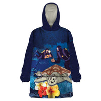 Polynesian Scuba Diving Wearable Blanket Hoodie Honu with Hibiscus and Plumeria Flower and Tapa Tribal Pattern LT03 One Size Blue - Polynesian Pride