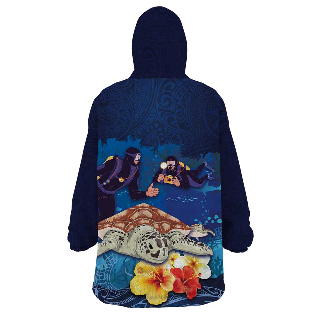 Polynesian Scuba Diving Wearable Blanket Hoodie Honu with Hibiscus and Plumeria Flower and Tapa Tribal Pattern LT03 - Polynesian Pride