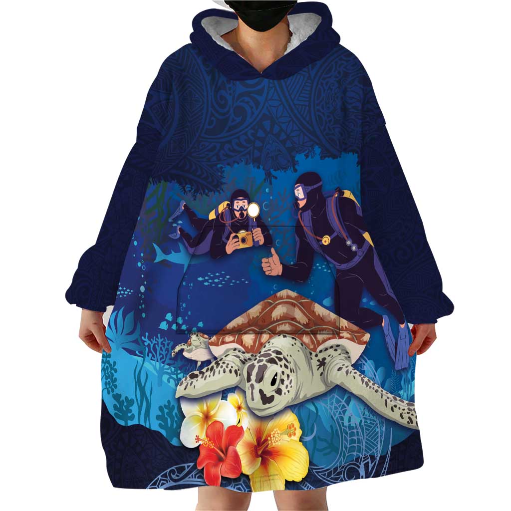 Polynesian Scuba Diving Wearable Blanket Hoodie Honu with Hibiscus and Plumeria Flower and Tapa Tribal Pattern LT03 - Polynesian Pride