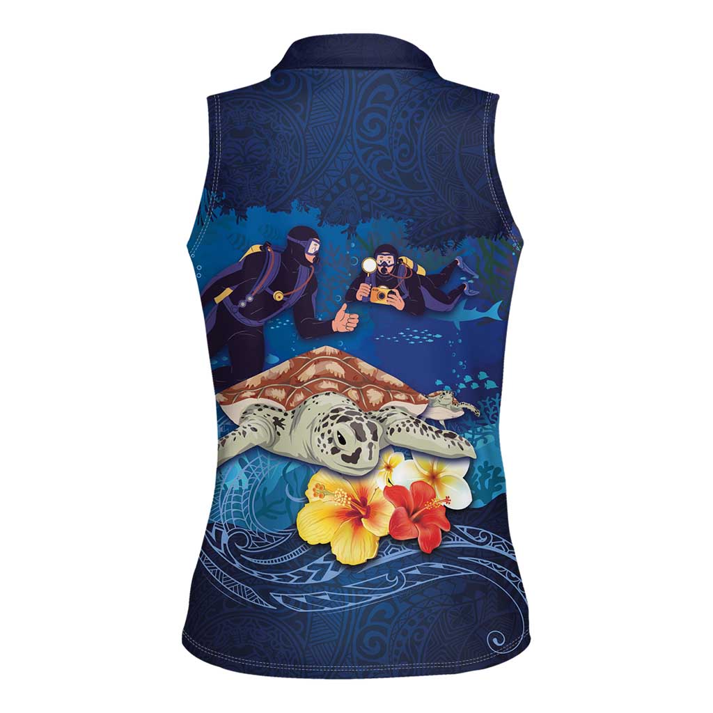 Polynesian Scuba Diving Women Sleeveless Polo Shirt Honu with Hibiscus and Plumeria Flower and Tapa Tribal Pattern LT03 - Polynesian Pride
