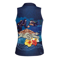 Polynesian Scuba Diving Women Sleeveless Polo Shirt Honu with Hibiscus and Plumeria Flower and Tapa Tribal Pattern LT03 - Polynesian Pride